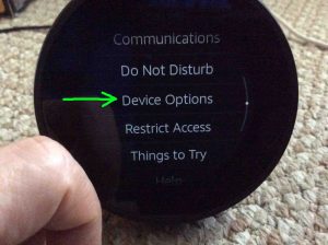 Picture of the Echo Spot speaker, showing its Settings menu, with the Device Options item highlighted.