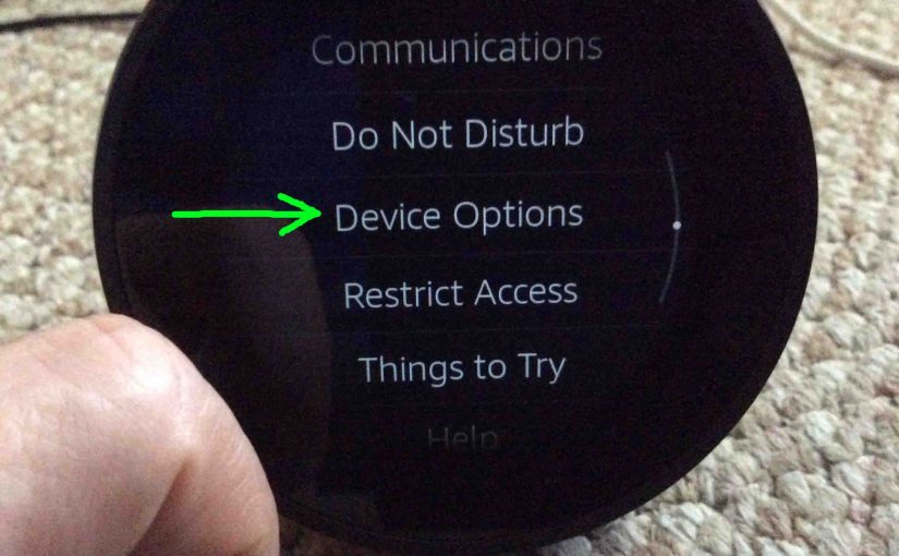 Picture of the Amazon Echo Spot speaker, showing its Settings menu, with the Device Options item highlighted.