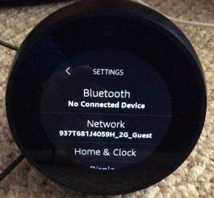 Picture of the Echo Spot speaker, displaying its Settings screen.
