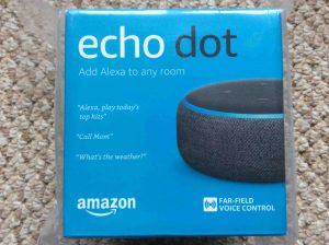 Picture of the third generation Echo Dot speaker box, front view. Factory reset Echo Dot 3.
