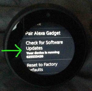 Picture of the speaker displaying its -Device Options- screen, with the -Check For Software Updates- option highlighted.