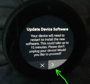 Picture of the speaker displaying its -Update Device Software- confirmation prompt, with the -Yes- button highlighted. Updating Firmware on Echo Spot.