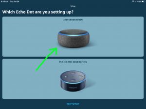 Screenshot of the -Choose Echo Dot Version to Set Up- page, with the -3rd Generation- option highlighted.