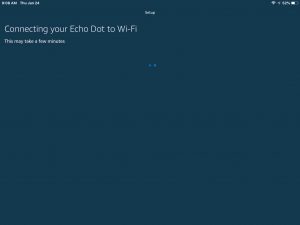 Screenshot of the Alexa app on iOS displaying its -Connecting your Echo Dot to WiFi- page. Connect Echo Dot to WiFi.