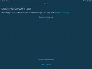 Screenshot of the Alexa app showing its -Select Amazon Echo- page while it searches for Echo devices to set up.