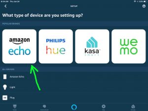 Picture of the Alexa app on iOS, displaying its -What Type of Device are you Setting Up- page, with the -Echo- device type highlighted. How to Setup Amazon Echo Dot 3rd Generation.