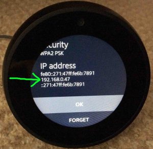 Picture of the Echo Spot Alexa Amazon speaker, showing its IP address at the bottom of its -Connect To Network- page, highlighted.