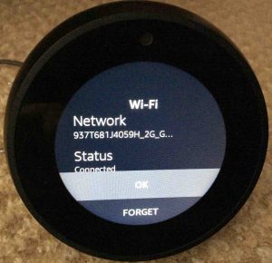 Picture of the Echo Spot Amazon Alexa speaker, showing the top of its -Connected WiFi Network Information- page.
