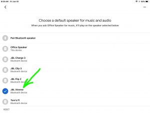 Screenshot of the Google Home app on iOS, displaying its -Choose Default Speaker- page for our -Office Speaker-, with a common Bluetooth speaker highlighted.