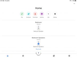 Screenshot of the Google Home app on iOS, showing its Home page. 