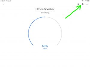 Screenshot of the Google Home app on iOS, showing the main screen for Office Speaker, with the -Settings- button highlighted.