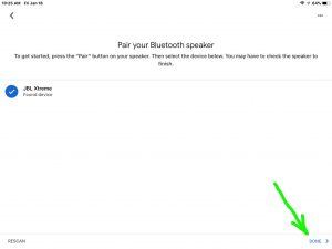 Screenshot of the the -Pair Bluetooth Devices- page, with a speaker selected, and the -Done- button highlighted.
