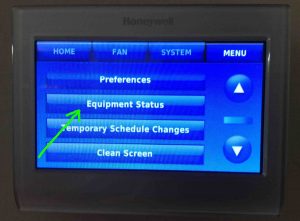 Screenshot of the Honeywell RTH9580WF WiFi thermostat showing its Main menu, with the -Equipment Status- button highlighted. How to Find Honeywell Thermostat Firmware Version.