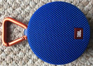 Picture of the JBL Clip 2 Bluetooth speaker, front view, horizontal.