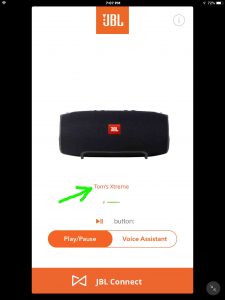Screenshot of the JBL Connect iOS app -Home- screen, with the newly renamed -Toms Xtreme- speaker name highlighted. 