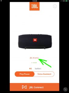 Screenshot of the JBL Connect app on iOS Home screen, showing the paired Xtreme JBL Bluetooth speaker default name highlighted. 