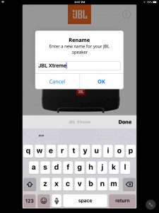 Screenshot from the JBL Connect app on iOS, displaying its -Rename Speaker- screen for our JBL Xtreme portable Bluetooth speaker. 