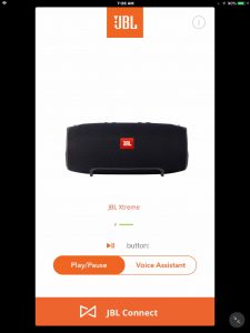 Picture of the JBL Connect Plus app on iOS, showing the JBL Xtreme Bluetooth speaker Home screen. 