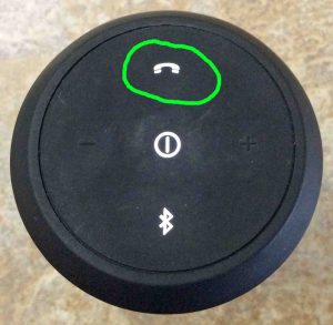 Picture of the JBL Flip 2 Speaker, Showing the glowing phone button circled. 