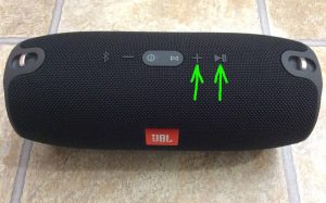 Picture of the speaker, with its reset button combination highlighted.