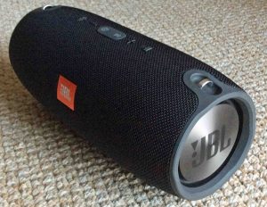 Picture of the JBL Xtreme portable Bluetooth speaker, right front corner view.