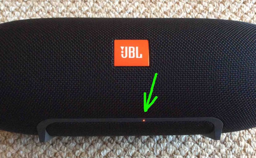 Picture of the JBL Xtreme portable speaker battery gauge, showing the battery nearly dead, with the blinking red lamp highlighted.