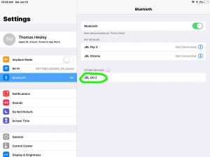 Screenshot of the iOS Bluetooth Settings page, showing the JBL Go 2 speaker, discovered but not paired. Pairing JBL Go 2 with iPhone.