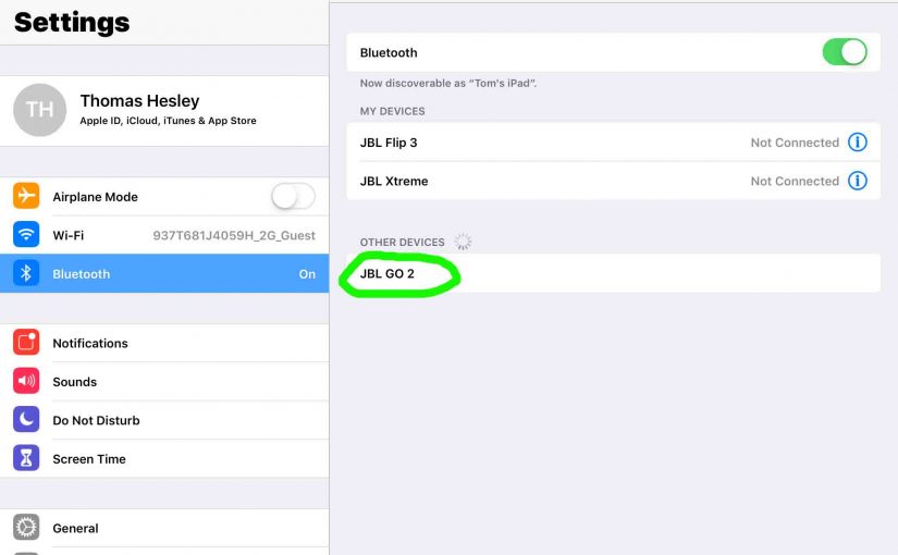 Screenshot of the iOS Bluetooth Settings page, showing the JBL Go 2 speaker, discovered But not paired.