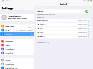 Screenshot of our iOS iPad tablet Bluetooth page, showing no JBL Xtreme speaker. Device was indeed forgotten. 