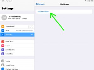 Screenshot of the iOS Bluetooth device page for the JBL Xtreme speaker, with the -Forget This Device- link highlighted. 
