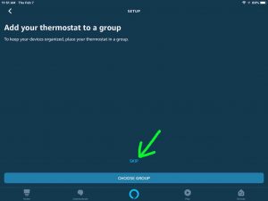 Screenshot of the -Add your Thermostat to a Group- prompt. Showing the -Skip- button.