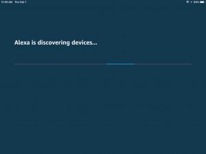 Screenshot of the -Alexa is Discovering Devices In Progress- page. It is scanning for new smart home devices.
