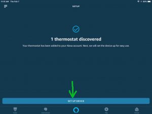 Screenshot of the -Setup- page. Showing that one thermostat was found. Plus we highlight the -Set Up Device- button.