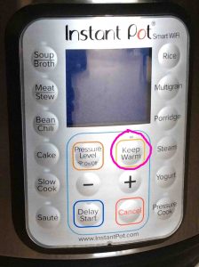 Picture of the -Keep Warm- button circled. Instant Pot WiFi Buttons.