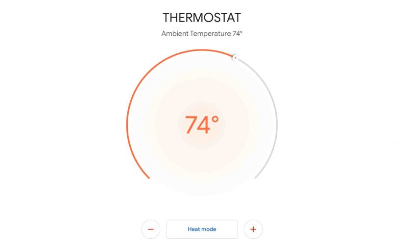 Screenshot of the Google Home app on iOS, displaying its device home page for a Honeywell thermostat that reads 74 degrees F.