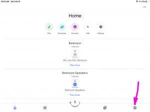 Screen shot of the Google Home app on iOS, displaying its -Home- page with the -Account Settings- button highlighted.