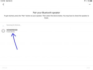 Screenshot of the -Pair Your Bluetooth Speaker- page, with a UE Wonderboom speaker found.