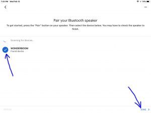 Screenshot of the -Pair Your Bluetooth Speaker- page, showing a Wonderboom UE speaker as paired, with the -Done- button highlighted.