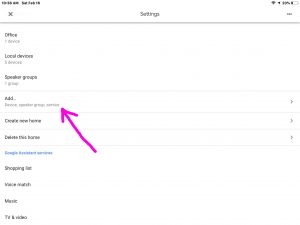 Capture d'écran de l'application Google Home sur iOS, affichant sa page -settings- avec l'option de périphérique -Add- en surbrillance