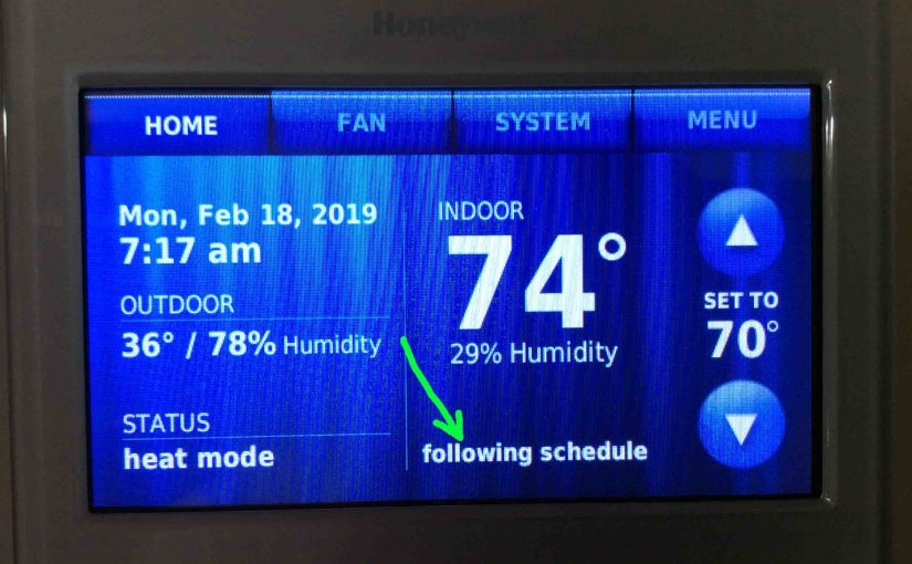 Picture of the Honeywell RTH9580WF WiFi thermostat displaying its -Home- page with the -Following Schedule- link circled.