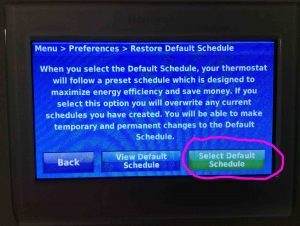 Picture of the -Restore Default Schedule- page, with the -Select Default Schedule- button circled.