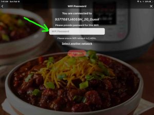 Screenshot of the Instant Pot app on iOS, displaying its -WiFi Password- page. Prompting for a 2.4 Ghz network passkey, with the password edit box highlighted.