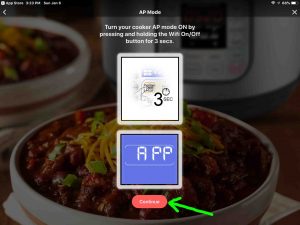 Screenshot of the Instant Pot app on iOS, displaying its -AP Mode- page with the -Continue- button highlighted.