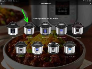 Screenshot of the Instant Pot app on iOS, showing its -Select your Instant Pot Model- screen, with the -Smart WiFi- model highlighted.