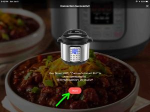 Picture of the Instant Pot app on iOS, showing its -Connection Successful- page, with the -Next- button highlighted.