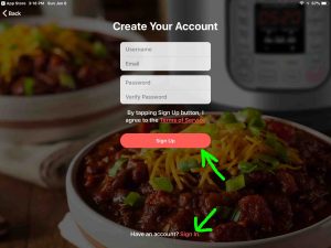 Screenshot of the Instant Pot app on iOS, showing its -Create Your Account- page, with the -Sign Up- and -Sign In- links highlighted