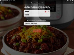 Screenshot of the Instant Pot app on iOS, showing its -Secure and Name Pot- screen, with all fields filled in.