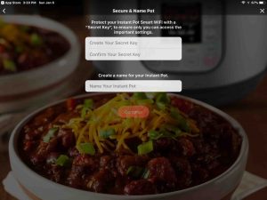 Screenshot of the Instant Pot app on iOS, displaying its -Secure and Name Pot- page.