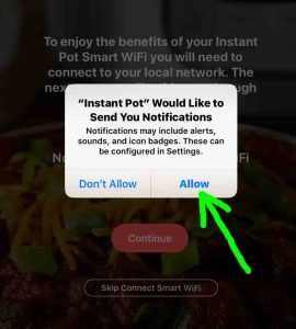 Screenshot of the Instant Pot app on iOS, showing its-Send Notifications Prompt for Permission- window, with the -Allow- button highlighted.