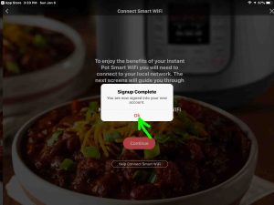 Screenshot of the Instant Pot app on iOS, showing its -Signup Complete- window, with the -OK- button highlighted.